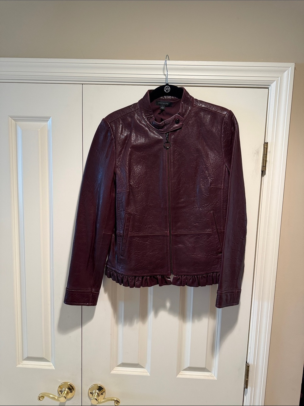 Ann Taylor Women’s Burgundy Genuine Leather Jacket with Ruffle Hem